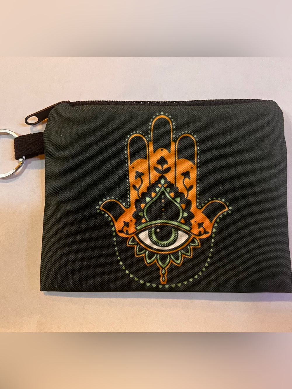 Black Wristlet Pouch Keychain Orange Hamsa Eye Motif change purse